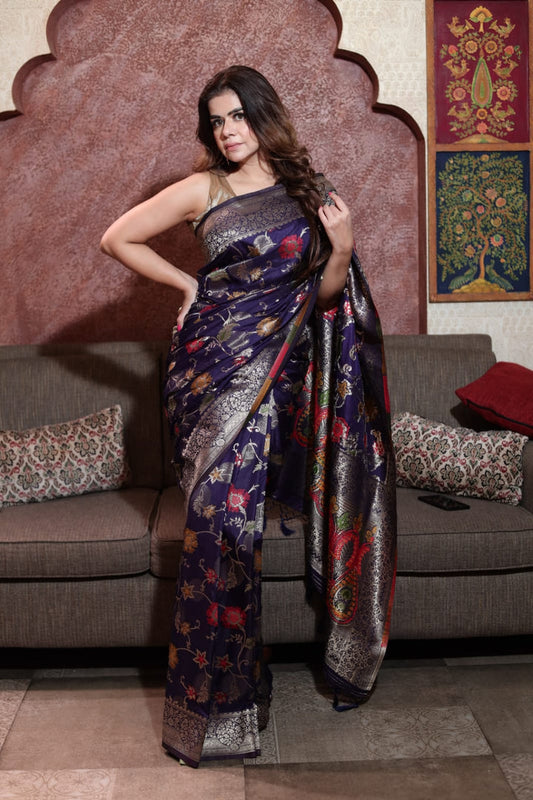 Navy Blue Silk Saree with Intricate Floral Design