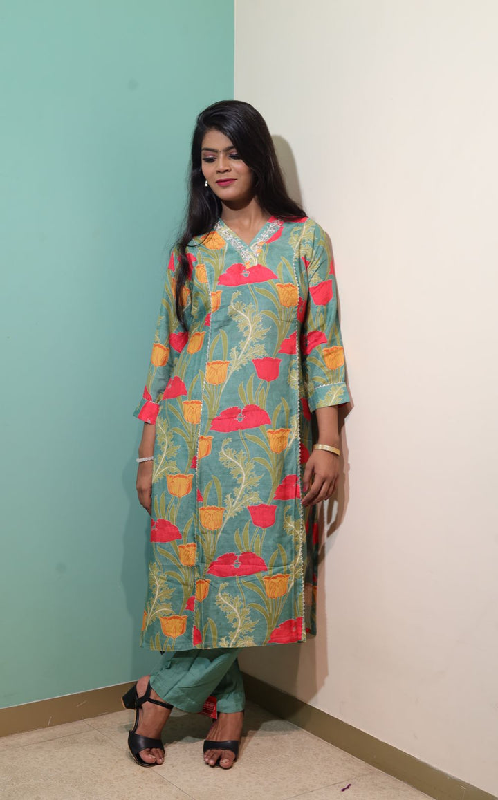 Multi Colour Raw Silk Kurti with Pant