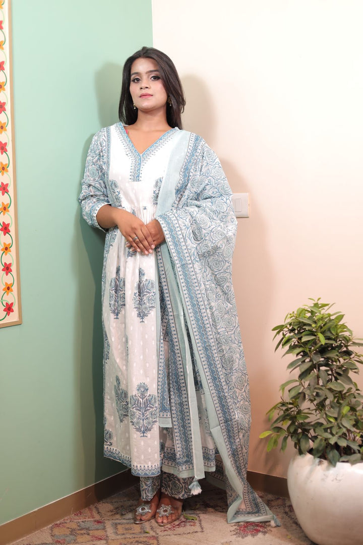 Graceful White and Wedgewood Cotton Kurti with Pant and Dupatta