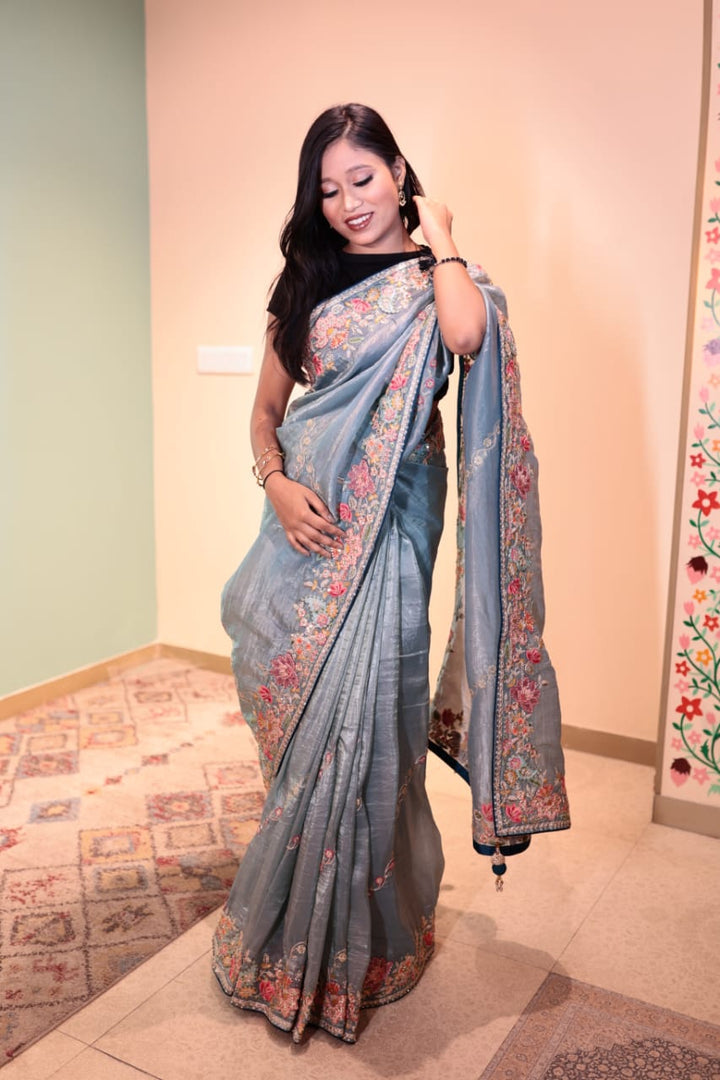 Graceful Sapphire Organza Glass Saree with Intricate Floral Embroidery