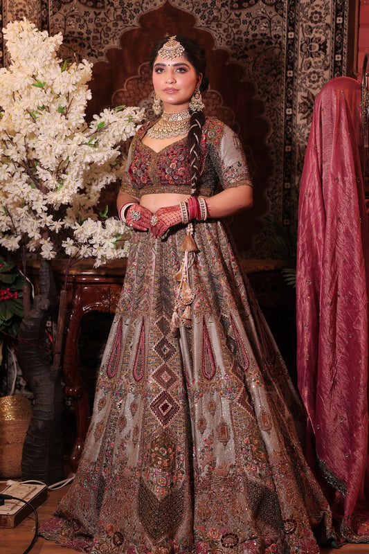 Gorgeous Designer Steel Silver & Maroon Lehenga with Mirror Work, Stones & Gota