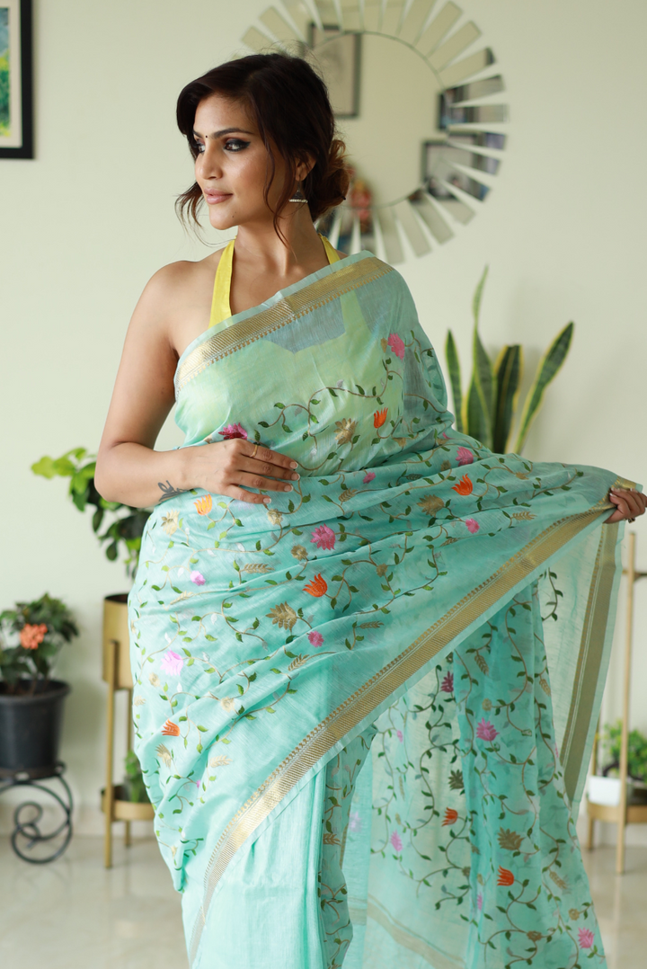 Embroidered Silk Linen Saree  Geet (SAREE)