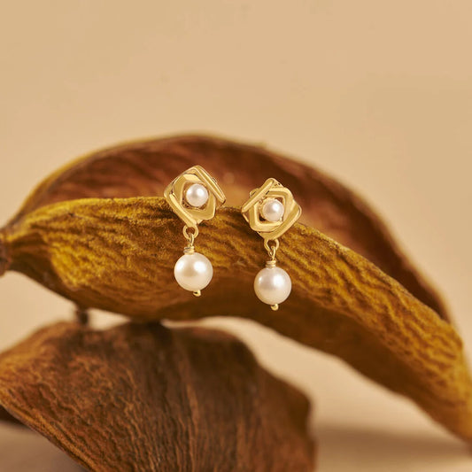 Yellow Gold And Pearl Geometric Drop Earrings