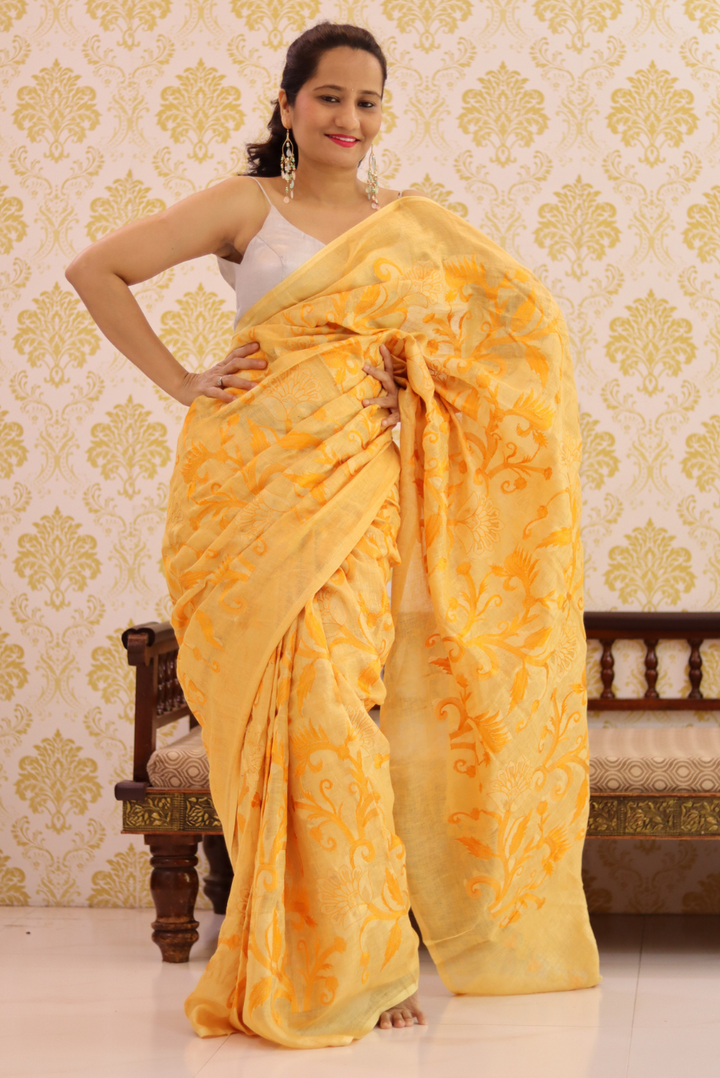 Embroidered Linen Saree  Kesariya (SAREE)