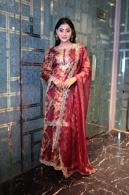 Grenadier Silk Long Kurti with Palazzo and Dupatta
