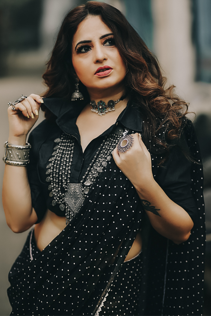 Polka Dotted Mulmul Crochet Lace Saree  Yin (SAREE)