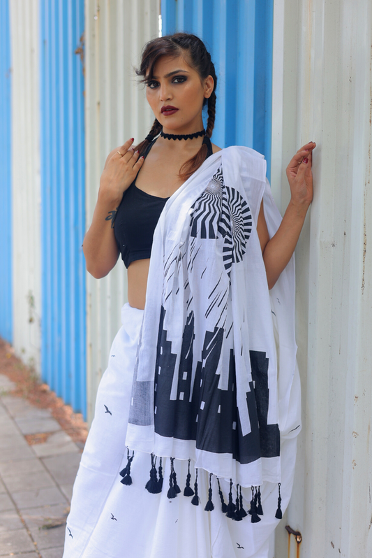 Screen Printed Mulmul Saree  The Rumbling Clouds - White (SAREE)
