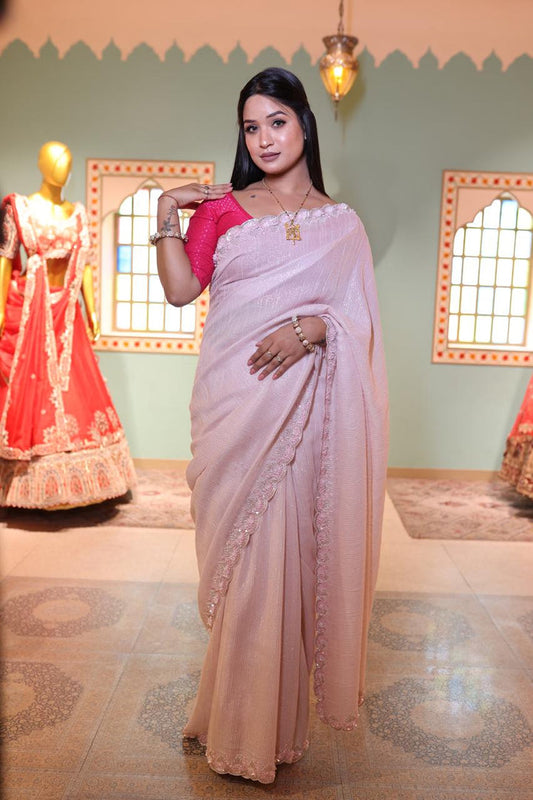 Pink Georgette Saree with Embellished Border and Blouse
