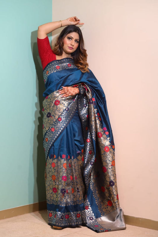 Regal Blue Handloom Saree with Intricate Floral Design