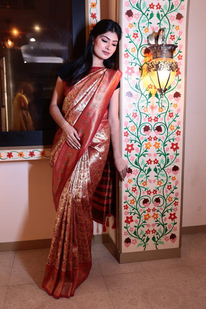 Elegant Golden Red Paithni Silk Saree with Traditional Design