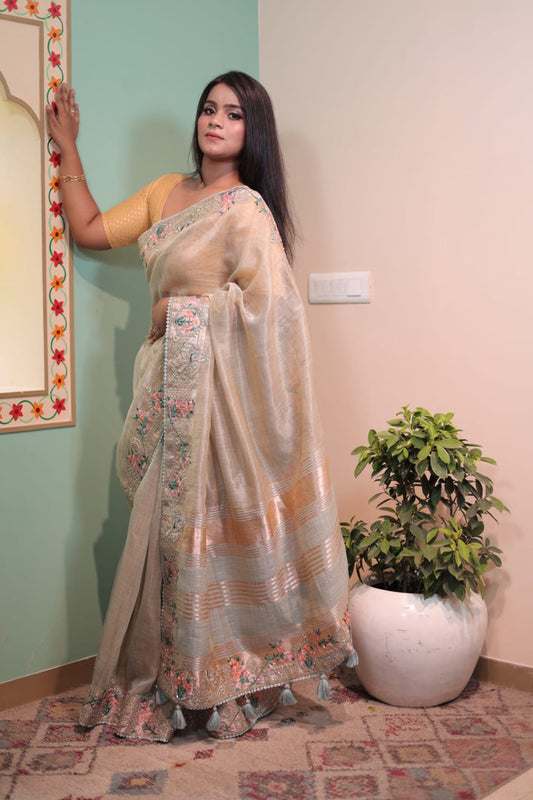 Elegant Tortilla Linen Tissue Saree with Floral Embroidery