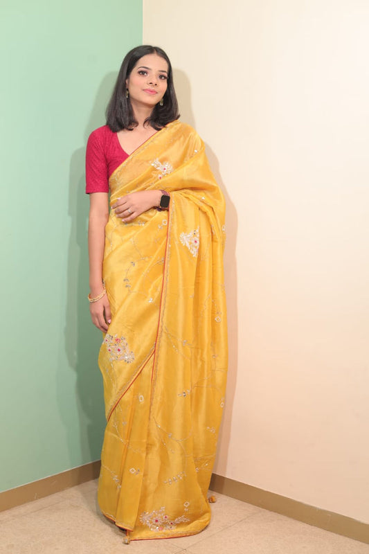 Radiant Yellow Chinon Saree