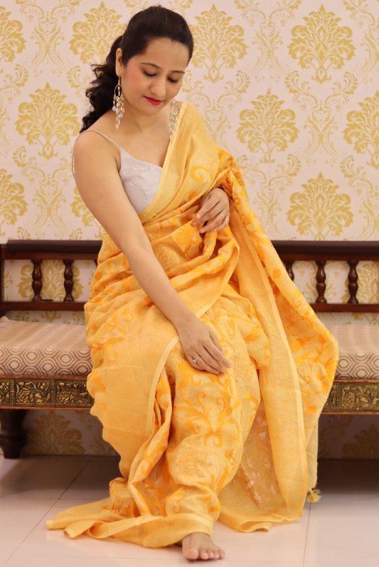 Embroidered Linen Saree  Kesariya (SAREE)