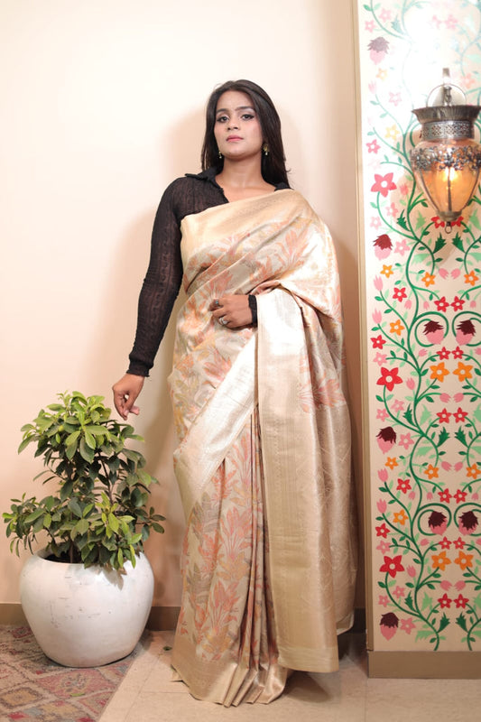 Elegant Cream Pochampalli Saree with Multicolor Floral Design