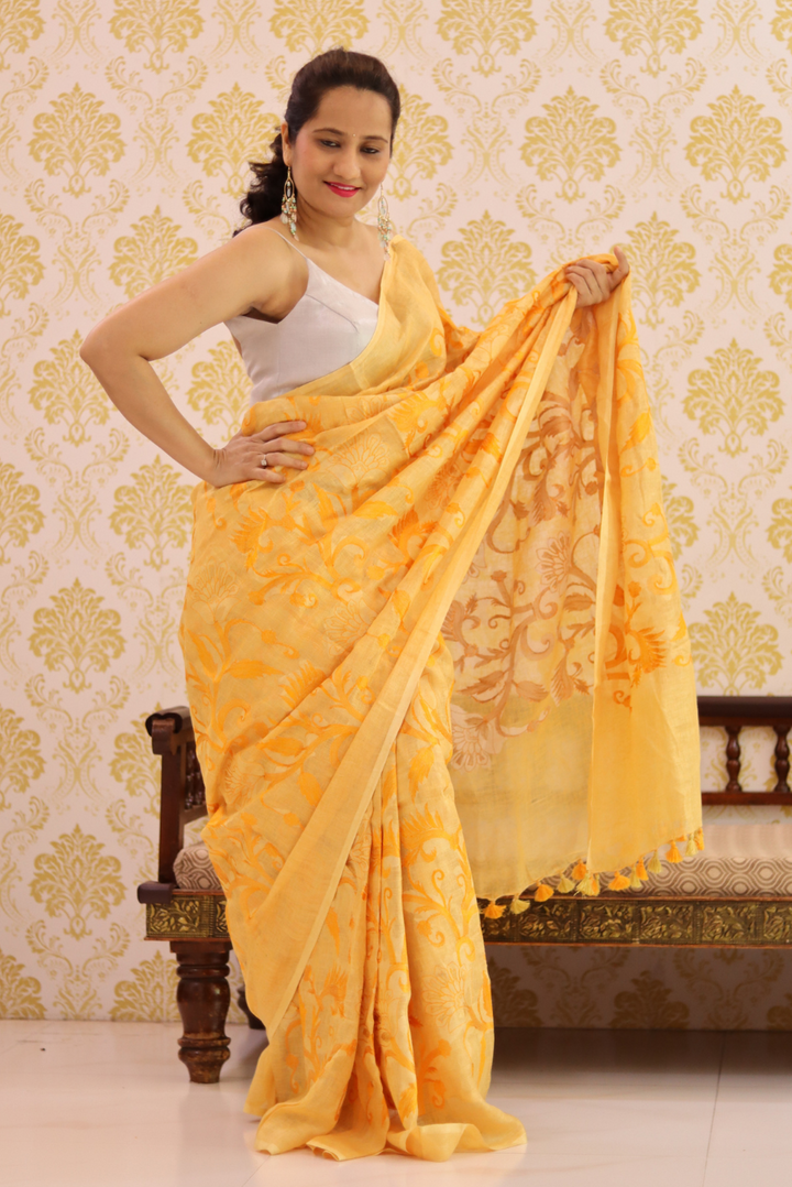 Embroidered Linen Saree  Kesariya (SAREE)