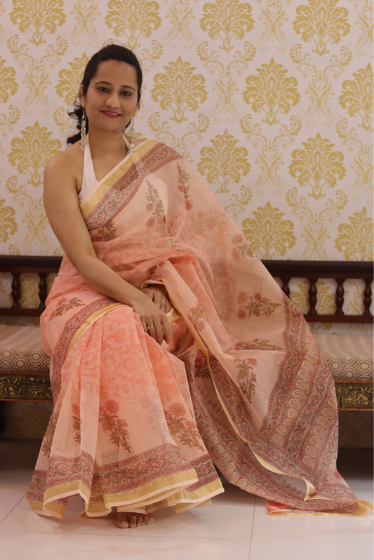 Block Printed Kota Cotton Saree  Peach Tree (SAREE)