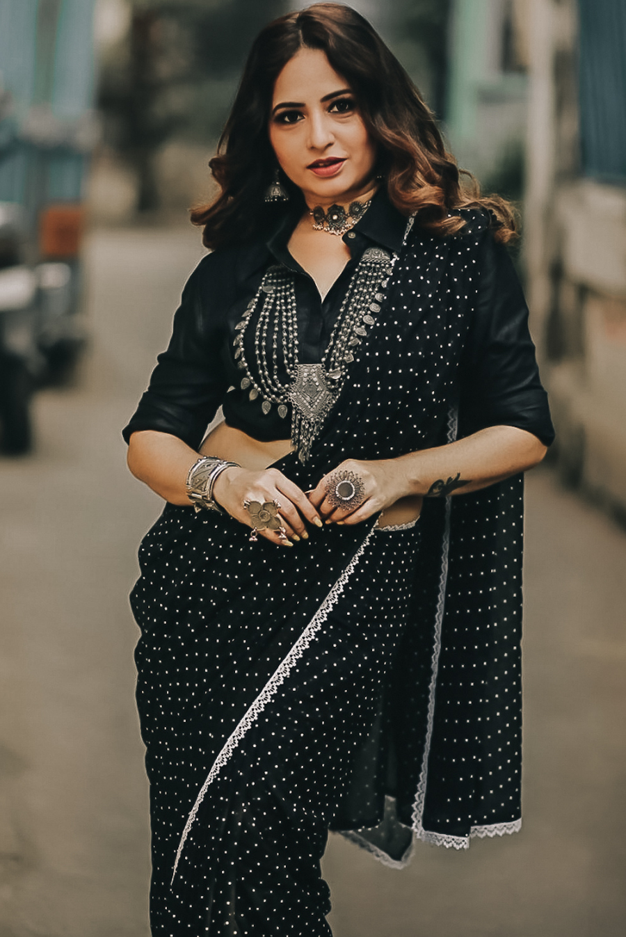 Polka Dotted Mulmul Crochet Lace Saree  Yin (SAREE)