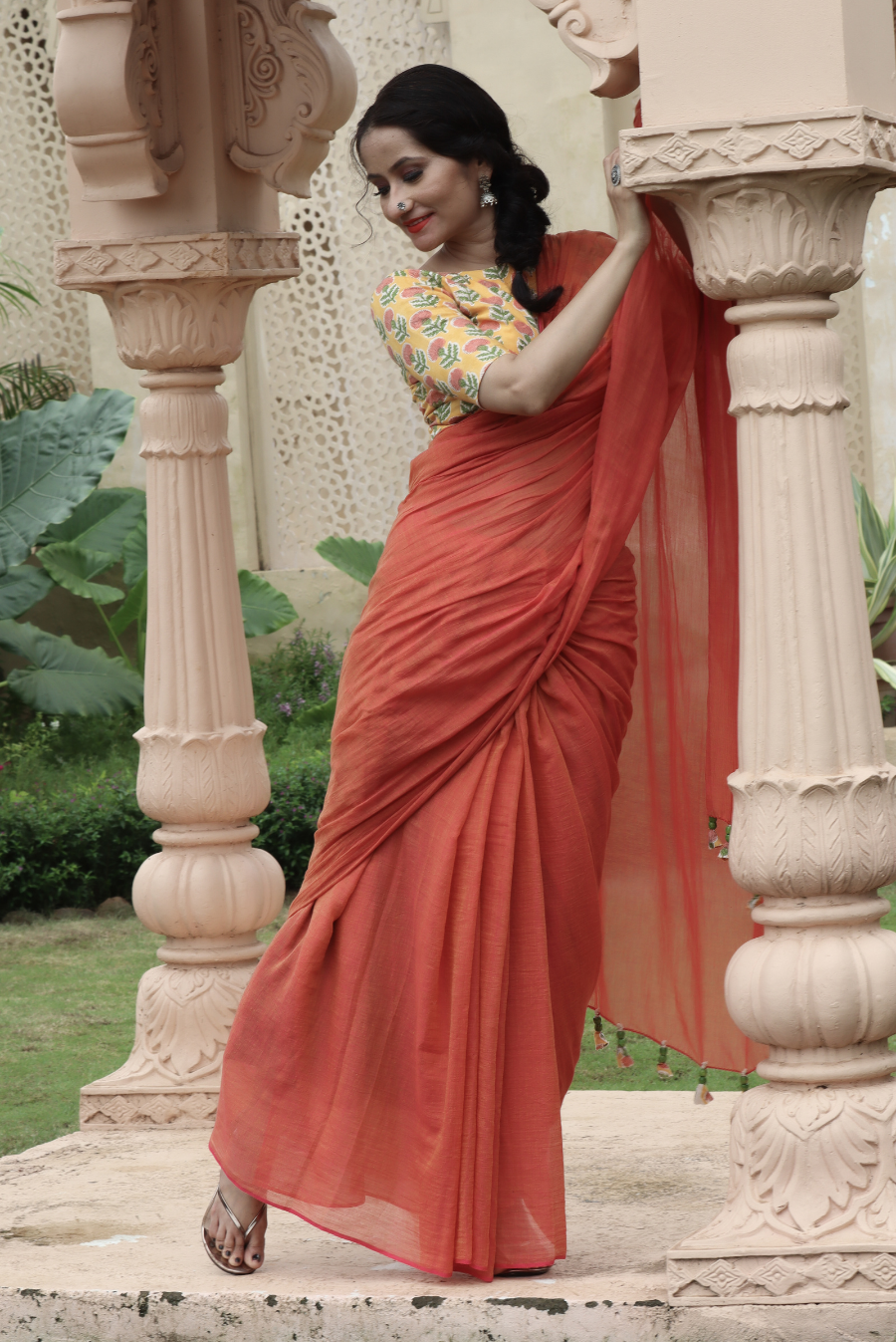 Mulmul Saree with Block Printed Tassels  Sukhe Patton sa Narangi (SAREE)