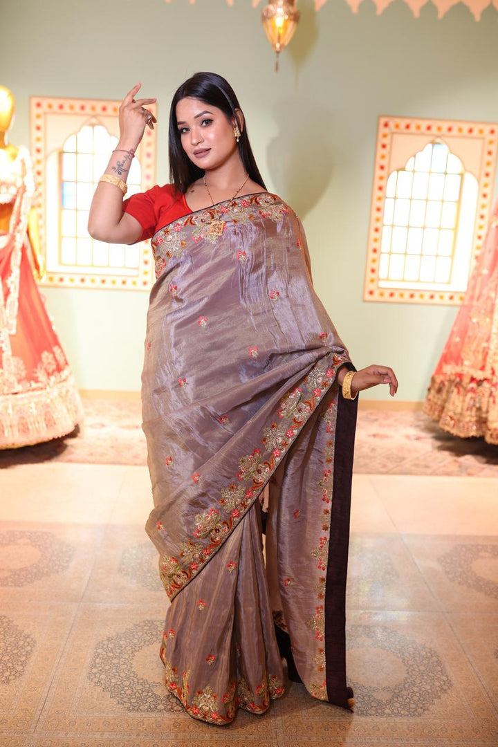 Pale Purple Chiffon Saree with Floral Embroidery