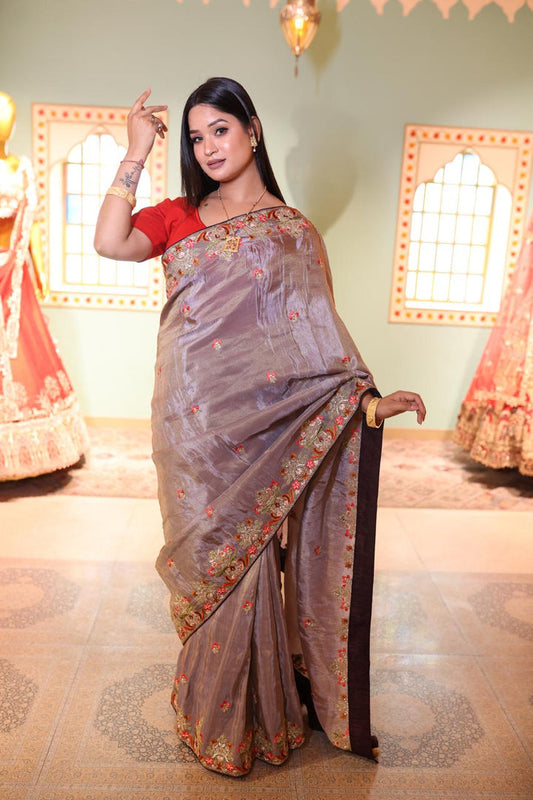 Pale Purple Chiffon Saree with Floral Embroidery