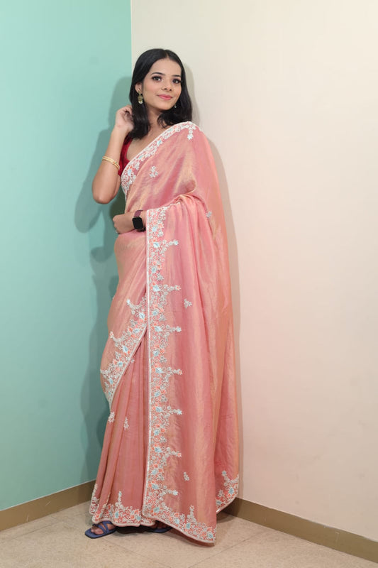Flamingo Chinon Saree with Delicate Embroidery
