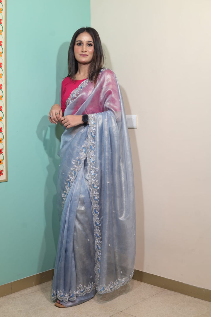 Dusk Blue Tissue Saree with Elegant Embroidery
