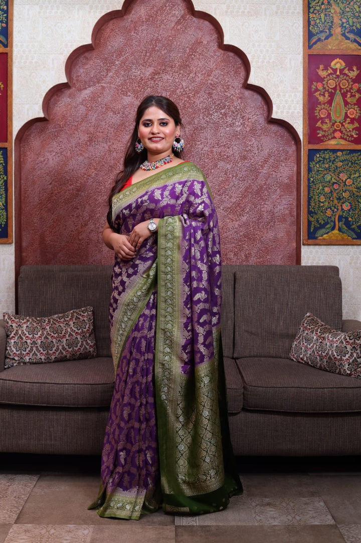 Regal Studio Chinon Georgette Saree with Rich Green Border