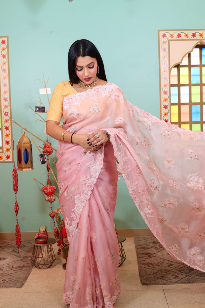 Exquisite Light Pink Glass Tissue Saree with Delicate Embroidery