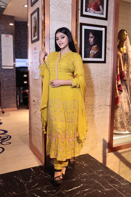 Brimstone Yellow Silk Long Kurti with Pant and Dupatta Set