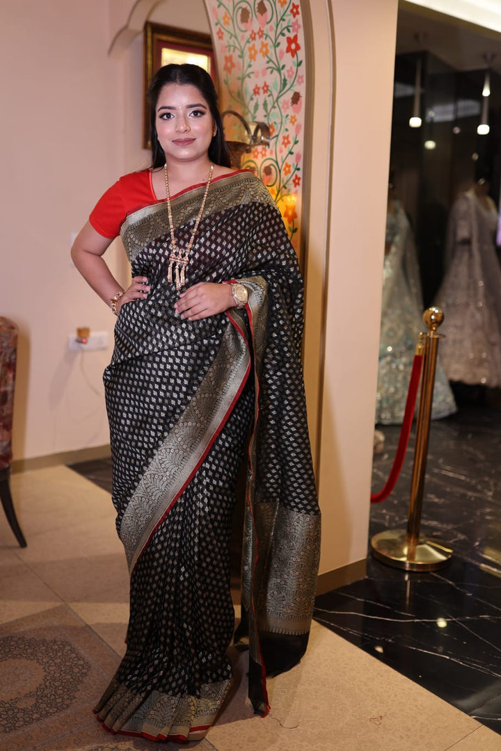 Exquisite Black Chanderi Saree with Traditional Design