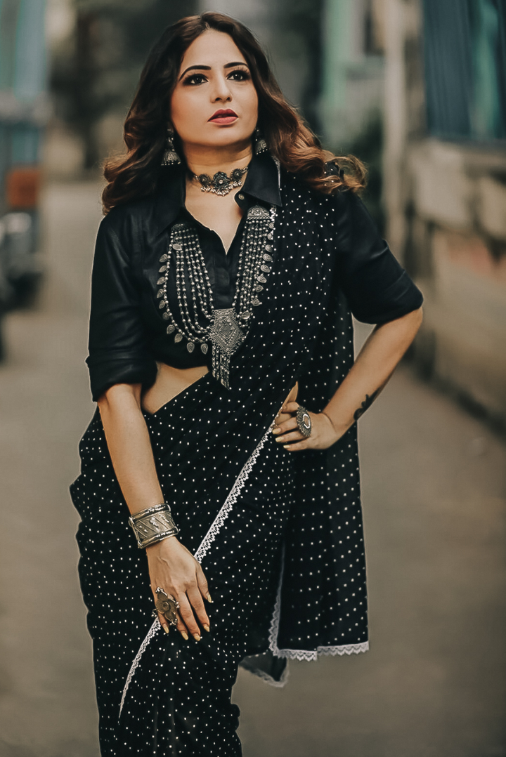 Polka Dotted Mulmul Crochet Lace Saree  Yin (SAREE)