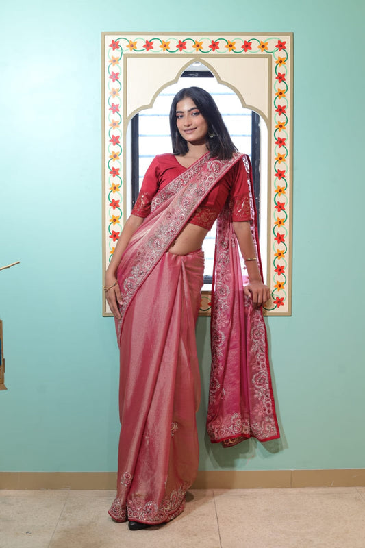 Coral Chinon Saree with Delicate Embroidery