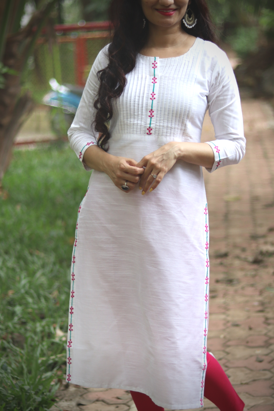 Embroidered Slub Silk Kurti  White Sapphire (KURTI)
