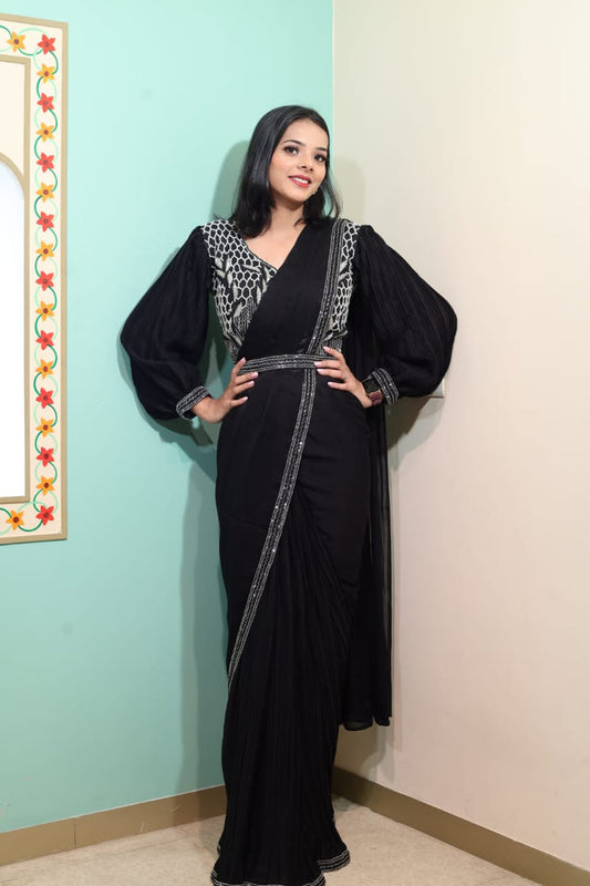 Black Chiffon Saree with Modern Embroidered Blouse