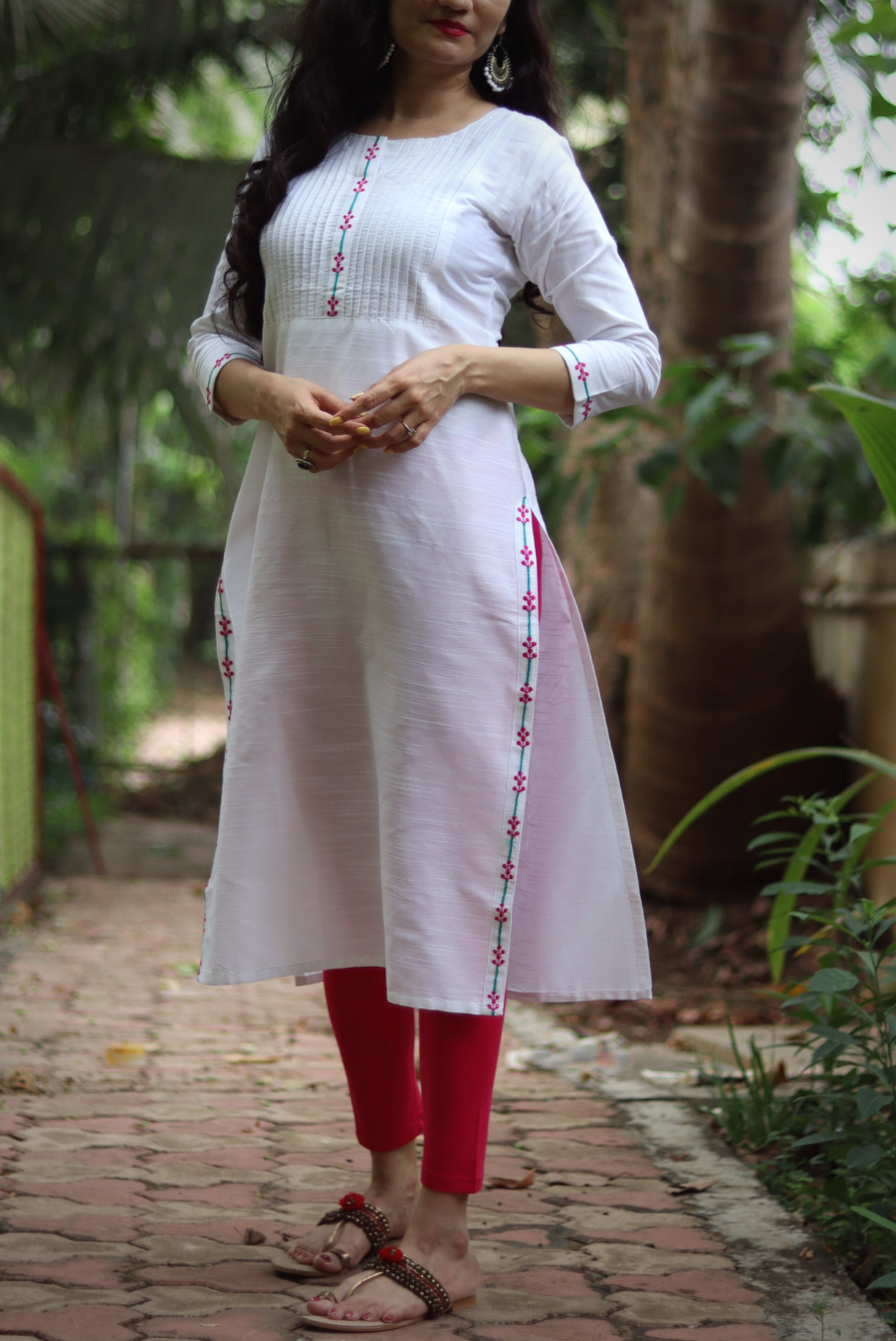 Embroidered Slub Silk Kurti  White Sapphire (KURTI)