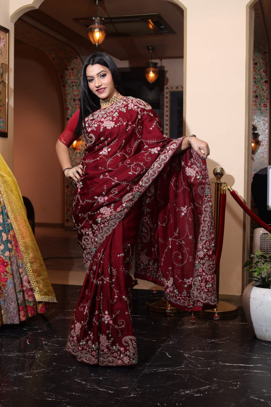 Luxurious Mulberry Simoy Saree with Intricate Embroidery