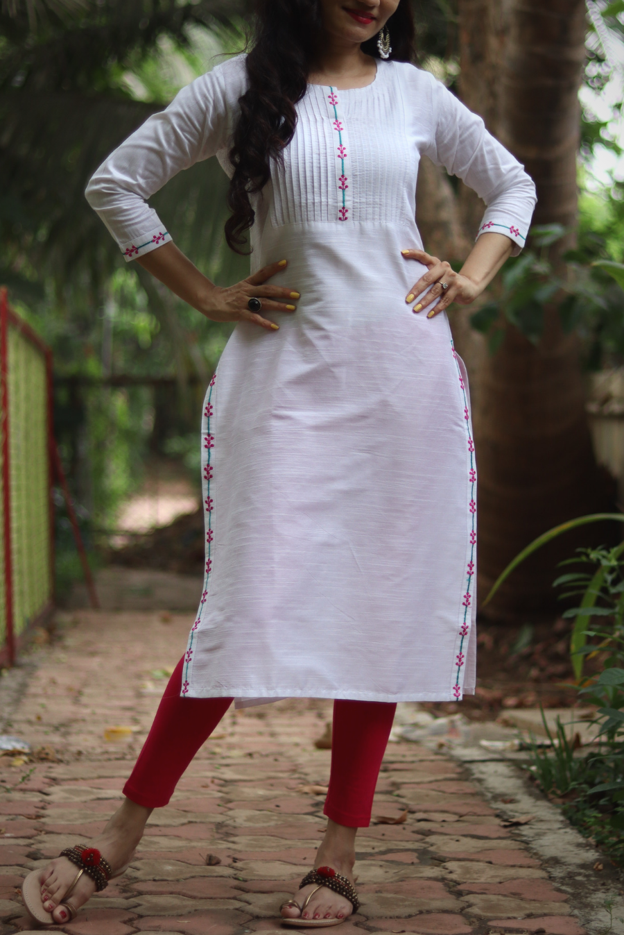 Embroidered Slub Silk Kurti  White Sapphire (KURTI)