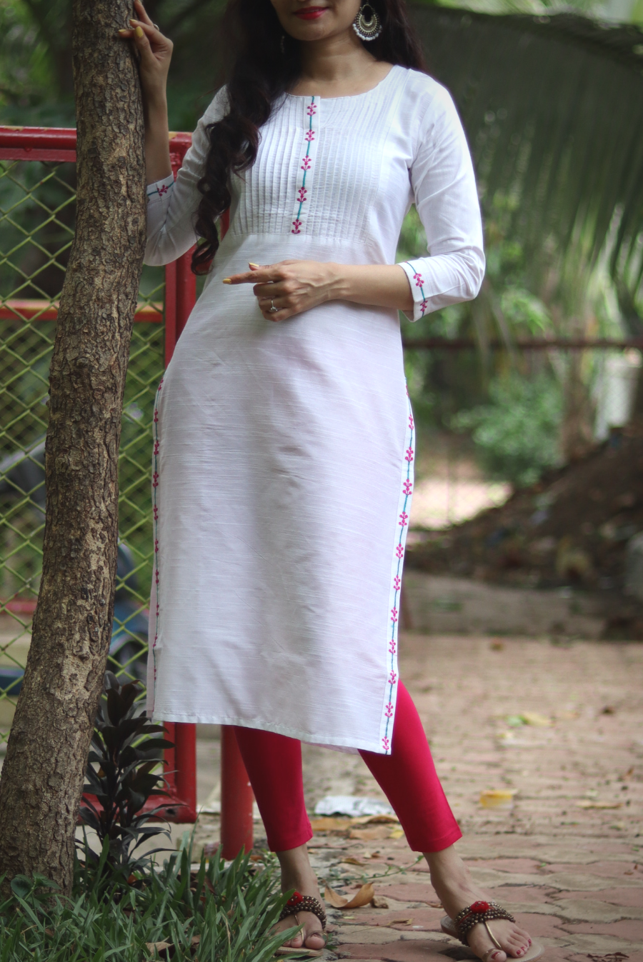 Embroidered Slub Silk Kurti  White Sapphire (KURTI)