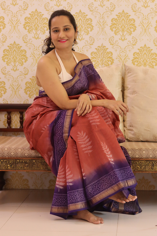 Block Printed Maheshwari Silk Saree  Autumn (SAREE)