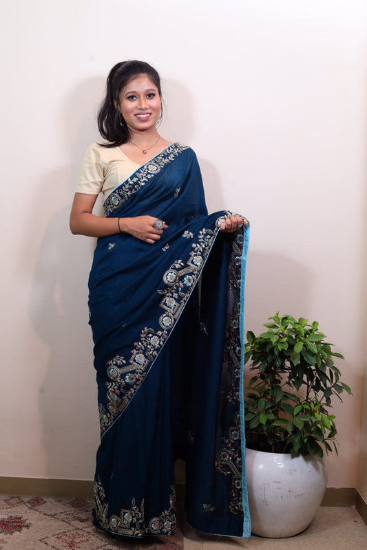 Elegant Til Blue Chinon Saree with Intricate Embroidery