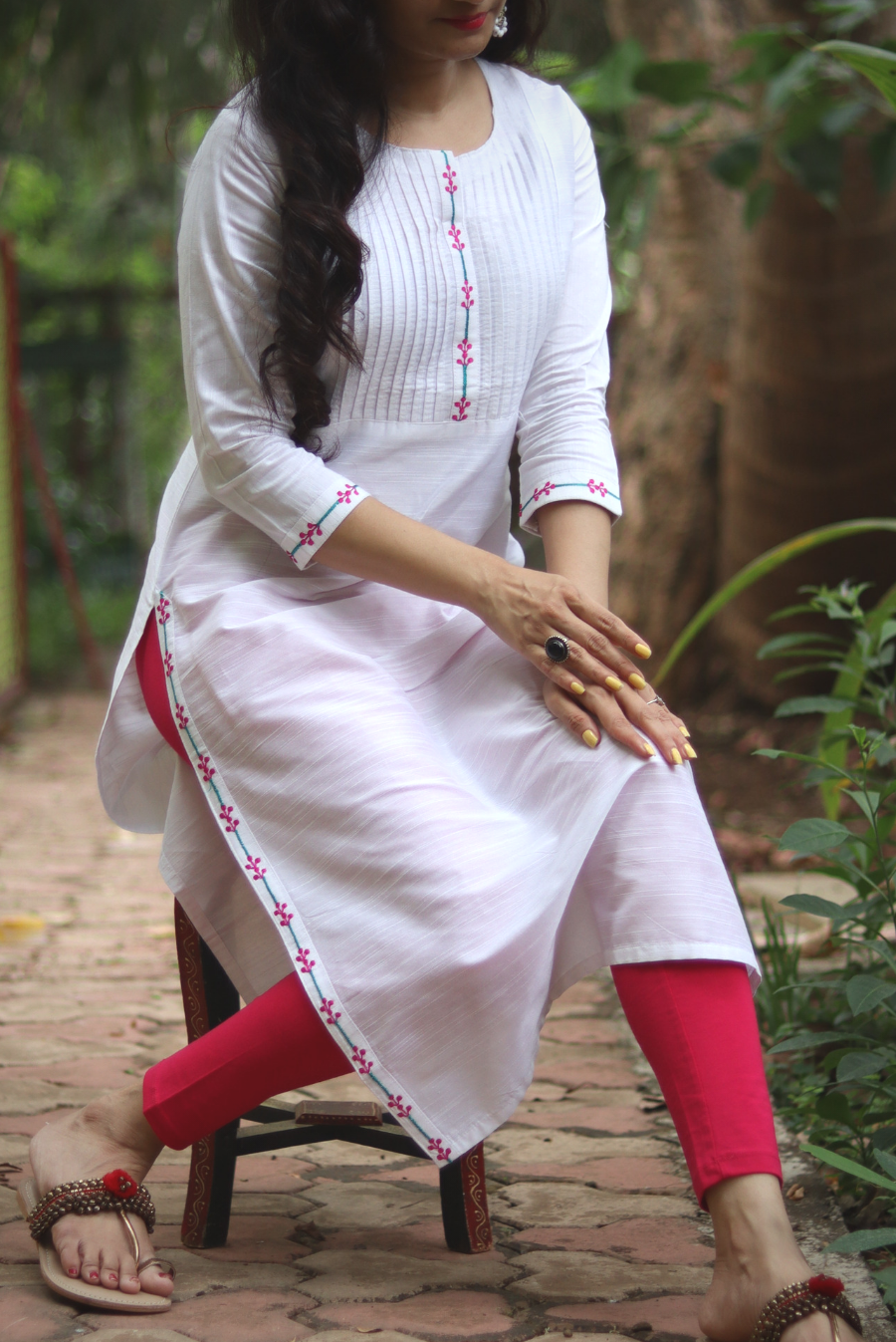 Embroidered Slub Silk Kurti  White Sapphire (KURTI)
