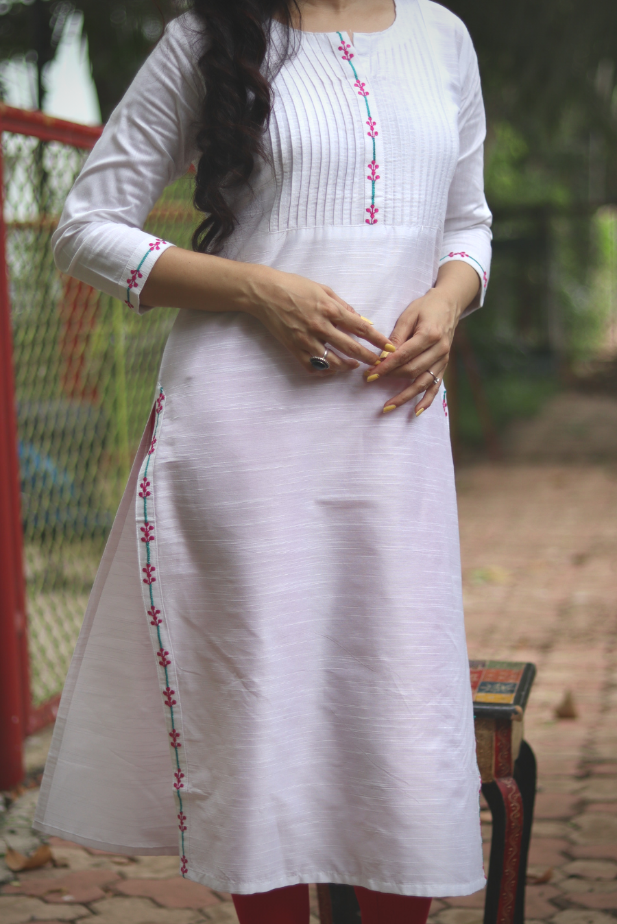 Embroidered Slub Silk Kurti  White Sapphire (KURTI)