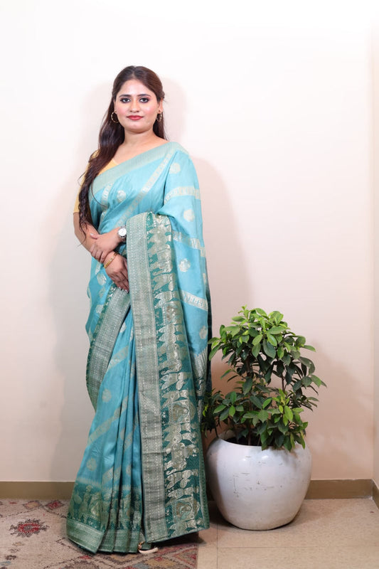 Elegant Sky Blue Handloom Silk Saree with Rich Embroidery