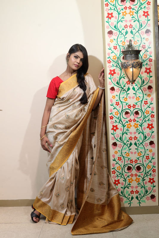 Regal Cream Banarasi Saree with Golden Border
