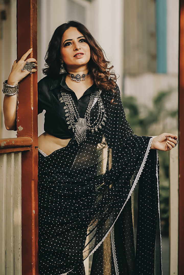 Polka Dotted Mulmul Crochet Lace Saree  Yin (SAREE)