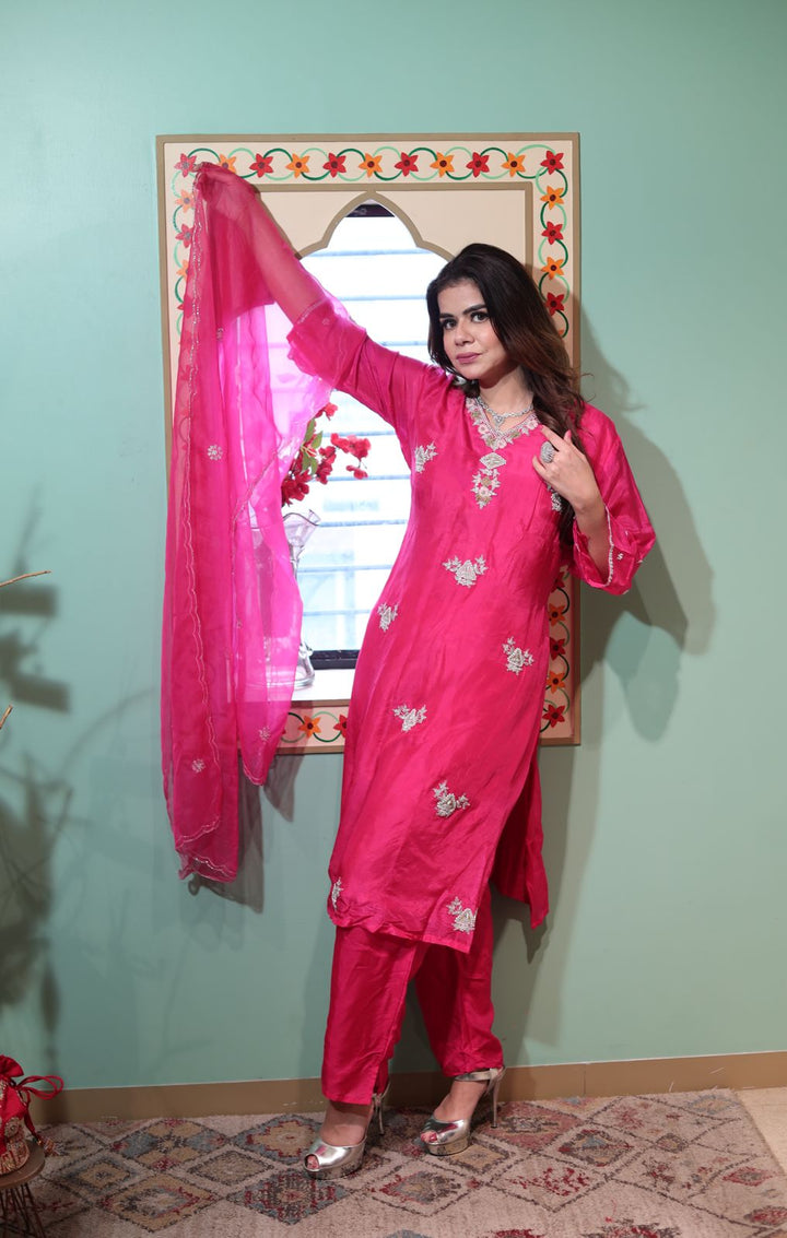Raspberry Satin Silk Heavy Kurti with Pant and Dupatta