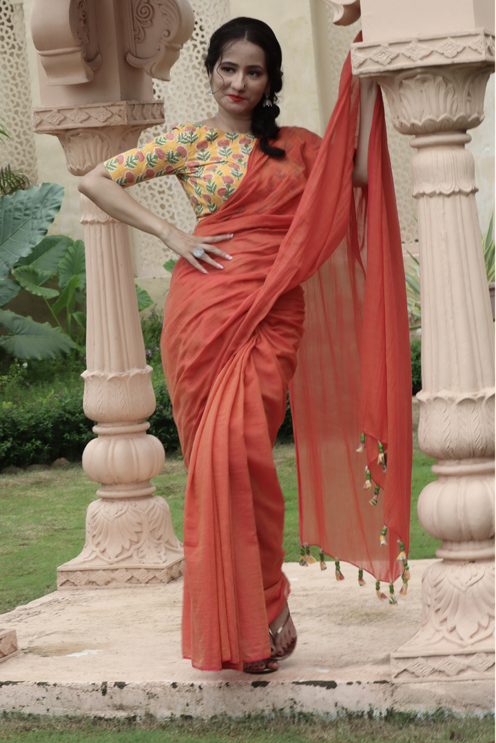 Mulmul Saree with Block Printed Tassels  Sukhe Patton sa Narangi (SAREE)