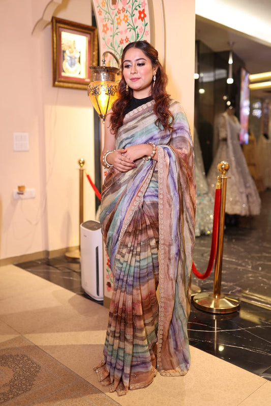 Elegant Multicolor Chinon Georgette Saree with Delicate Border