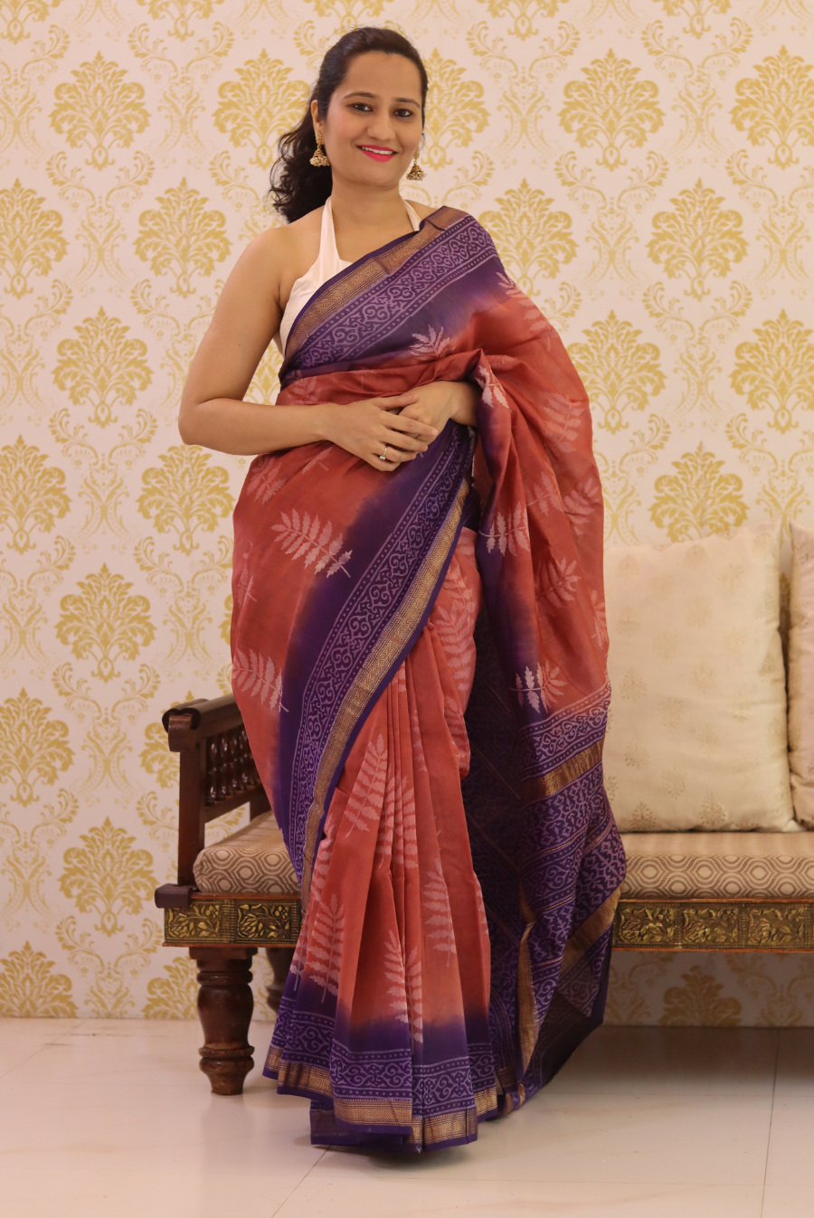 Block Printed Maheshwari Silk Saree  Autumn (SAREE)