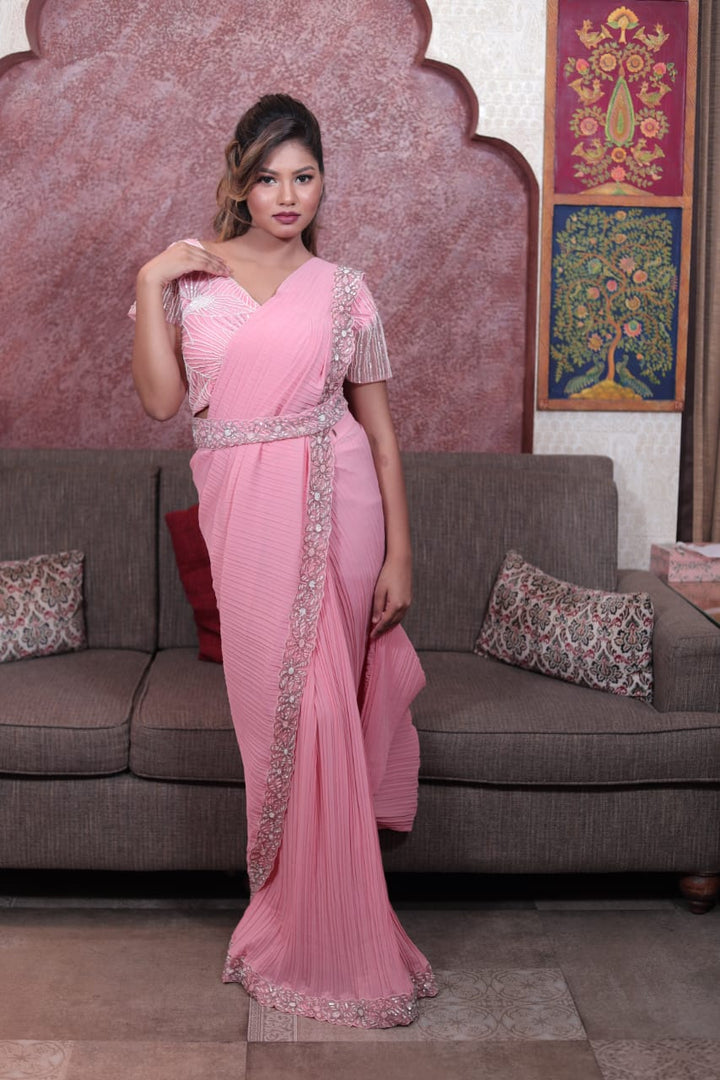 Elegant Light Pink Crush Tissue Saree with Intricate Embellishments